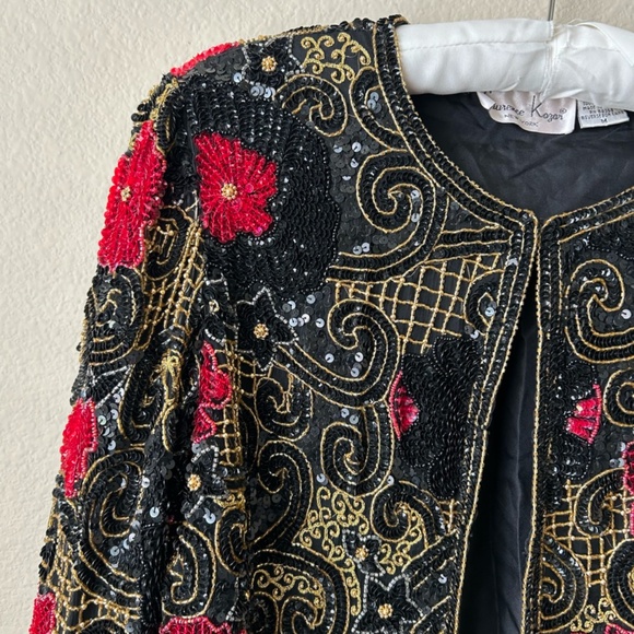 Black Beaded Jacket Long Sleeve Red Gold Embroidery Sequin Vintage Size Medium - Picture 2 of 15